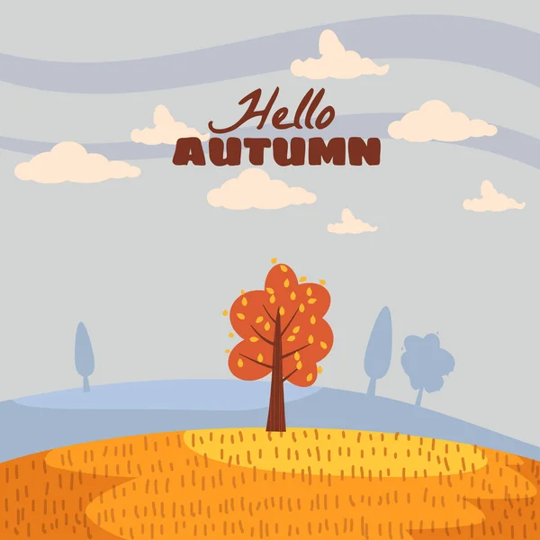 Olá Outono paisagem árvore solitária em estilo tendência plano desenho animado horizonte panorama. Ilustração vector isolado cartaz do cartão postal da bandeira —  Vetores de Stock