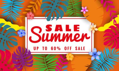 Yaz satışı afiş tropikal yaprakları çiçekler arka plan, renk egzotik çiçek tasarım banner, afiş, davetiye, poster ile mevsimlik satış için şablon. Kağıt kesme stili, vektör illüstrasyon