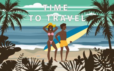 Yaz Tatili Plajı'ndaki Mutlu Çift. Karısı ve Kocası Seashore Floral Sahilde Kum Denizi'nde Eğlenmek Plaj Tatil yürüyüş zevk. Vektör İllüstrasyon poster baner izole