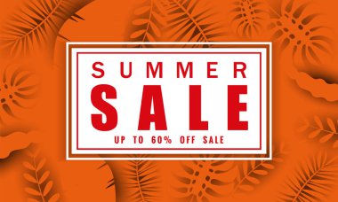 Yaz satışı kağıt kesim tarzı, afiş tropikal yaprakları çiçekler arka plan, renk egzotik çiçek tasarım banner, afiş, davetiye, poster ile mevsimlik satış için şablon. Vektör Illustration