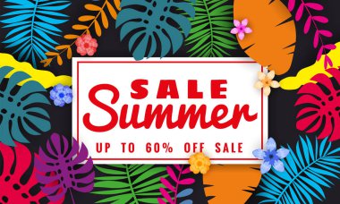 Yaz satışı kağıt kesim tarzı, afiş tropikal yaprakları çiçekler arka plan, renk egzotik çiçek tasarım banner, afiş, davetiye, poster ile mevsimlik satış için şablon. Vektör Illustration