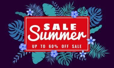 Yaz satışı afiş tropikal yaprakları çiçekler arka plan, renk egzotik çiçek tasarım banner, afiş, davetiye, poster ile mevsimlik satış için şablon. Kağıt kesme stili, vektör illüstrasyon