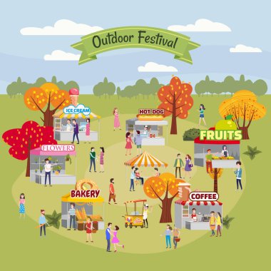 Mevsimlik açık hava festivali panayırı, gıda tezgahları, büfeler, tenteler, çadırlar, dondurma, kahve, sosisli, çiçekler, fırın, yürüyen insanlar, kadın ve erkekler mal alıp satıyorlar.