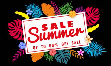 Yaz satışı kağıt kesim tarzı, afiş tropikal yaprakları çiçekler arka plan, renk egzotik çiçek tasarım banner, afiş, davetiye, poster ile mevsimlik satış için şablon. Vektör Illustration