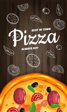 Pizza Pizzeria İtalyan şablonu ahşap arka plan fast food üst görünümünde malzemeler ve metin ile dikey el ilanı baner. Gıda menüsü veya sokak gıda posterleri tasarım, baskılar, web için vektör illüstrasyon