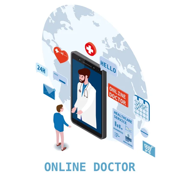 Médecin isométrie en ligne soins de santé et consultation médicale à l'aide d'une technologie smartphone. Les hommes patients et les icônes de caractère médecin concept de santé médicale. Illustration vectorielle isométrique plate baner poster — Image vectorielle