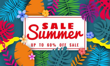 Yaz satışı afiş tropikal yaprakları çiçekler arka plan, renk egzotik çiçek tasarım banner, afiş, davetiye, poster ile mevsimlik satış için şablon. Kağıt kesme stili, vektör illüstrasyon
