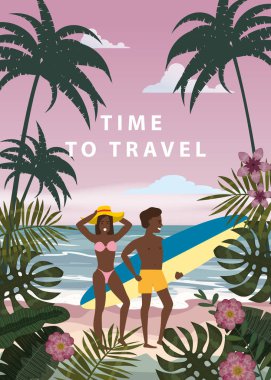 Yaz Tatili Beach Mutlu Çift Seyahat Zamanı. Surfboard ile Karısı ve Kocası Seashore Floral Sahilde Kum Denizi Okyanusu Having Fun yürüyüş Beach Vacation zevk. Vektör İllüstrasyonu