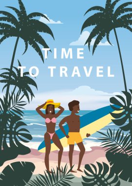 Yaz Tatili Beach Mutlu Çift Seyahat Zamanı. Surfboard ile Karısı ve Kocası Seashore Floral Sahilde Kum Denizi Okyanusu Having Fun yürüyüş Beach Vacation zevk. Vektör İllüstrasyonu