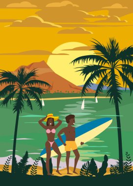 Yaz Tatili Plajı'ndaki Mutlu Çift. Surfboard ile Karısı ve Kocası Seashore Floral Sahilde Kum Denizi Okyanusu Having Fun yürüyüş Beach Vacation zevk. Vektör İllüstrasyon poster baner