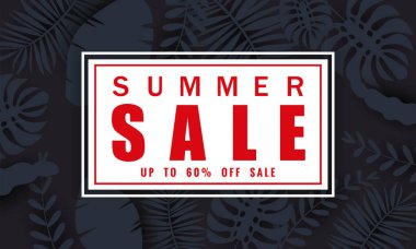 Yaz satışı afiş tropikal yaprakları çiçekler arka plan, renk egzotik çiçek tasarım banner, afiş, davetiye, poster ile mevsimlik satış için şablon. Kağıt kesme stili, vektör illüstrasyon
