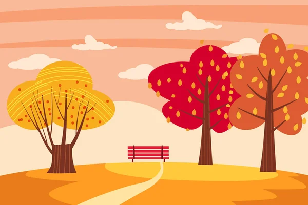 Осенние деревья желтый красный оранжевый цвет листьев леса осенняя скамейка панорама горизонта романтическое настроение. Иллюстрация вектор изолированный плакат плакат тенденция плоский стиль мультфильма — стоковый вектор