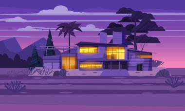 Egzotik bir ülke gecesi ikamet modern Villa, lahdscape tropikal palmiye ağaçları pahalı Konağı. Lüks yazlık ev dış. Karikatür vektör illüstrasyon