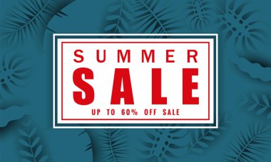 Yaz satışı afiş tropikal yaprakları çiçekler arka plan, renk egzotik çiçek tasarım banner, afiş, davetiye, poster ile mevsimlik satış için şablon. Kağıt kesme stili, vektör illüstrasyon