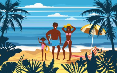 Yaz Tatili Plajı'nda Mutlu Aile. Baba Anne ve Kızı Kum Denizi Okyanusu'nda yürüyüş Plaj Tatil zevk. Ebeveynler ve Çocuklar Seashore Floral Sahilde Eğleniyor. Vektör İllüstrasyonu