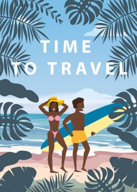Yaz Tatili Beach Mutlu Çift Seyahat Zamanı. Surfboard ile Karısı ve Kocası Seashore Floral Sahilde Kum Denizi Okyanusu Having Fun yürüyüş Beach Vacation zevk. Vektör İllüstrasyonu