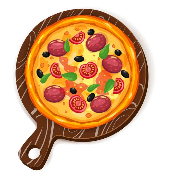 Farklı malzemelerle taze pizza domates, peynir, zeytin, sosis, fesleğen. Geleneksel İtalyan fast food. Ahşap tahta üzerinde üst görünüm yemek. Avrupa geleneksel atıştırmalık. Yalıtılmış beyaz arka plan vektörü
