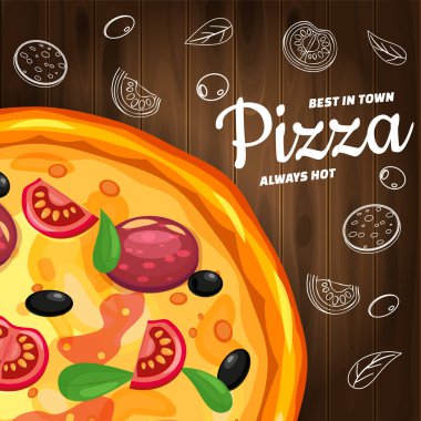 Pizza Pizzeria İtalyan şablon el ilanı baner malzemeler ve ahşap arka plan fast food üst görünümü metin. Gıda menüsü veya sokak gıda posterleri tasarım, baskılar, web için vektör illüstrasyon