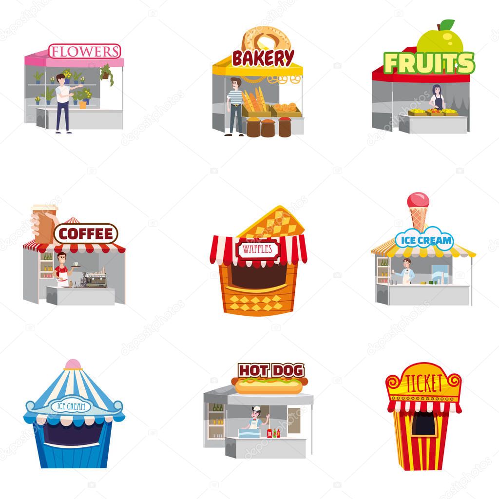 Set Street Fair Outdoor Market stalls, shops summer trade tents stalls, kiosks canopy, awnings, tents, ice cream, coffee, hot dog, flowers, bakery. Flowers, farmers food and products. Vector isolated
