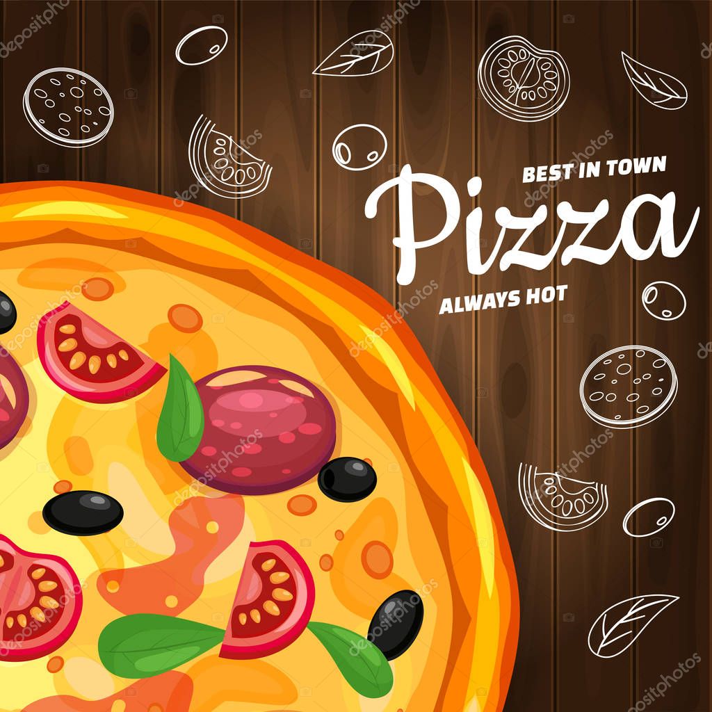 Pizza Pizzeria Italian Template Flyer Baner With Ingredients And Text On Wooden Background Premium Vector In Adobe Illustrator Ai Ai Format Encapsulated Postscript Eps Eps Format