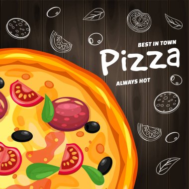 Pizza Pizzeria İtalyan şablon el ilanı baner malzemeler ve ahşap arka plan fast food üst görünümü metin. Gıda menüsü veya sokak gıda posterleri tasarım, baskılar, web için vektör illüstrasyon