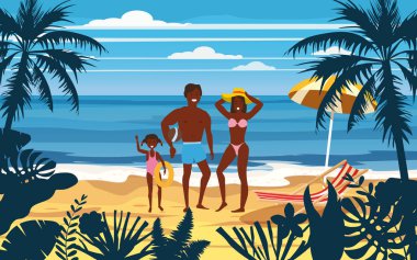 Yaz Tatili Plajı'nda Mutlu Aile. Baba Anne ve Kızı Kum Denizi Okyanusu'nda yürüyüş Plaj Tatil zevk. Ebeveynler ve Çocuklar Seashore Floral Sahilde Eğleniyor. Vektör İllüstrasyonu