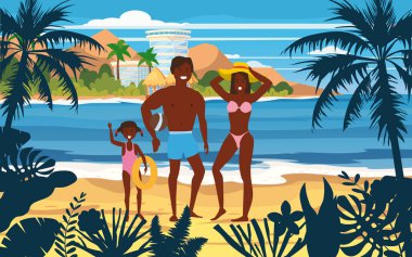 Yaz Tatili Plajı'nda Mutlu Aile. Baba Anne ve Kızı Kum Denizi Okyanusu'nda yürüyüş Plaj Tatil zevk. Ebeveynler ve Çocuklar Seashore Floral Sahilde Eğleniyor. Vektör İllüstrasyonu