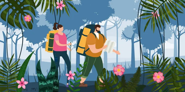 Turister söta par med karta och ryggsäckar utför utomhus turistiska aktivitet. Skogsträd bergslandskap. Äventyrsresor, vandring vandringstur turism vild natur vandring. Par turister — Stock vektor