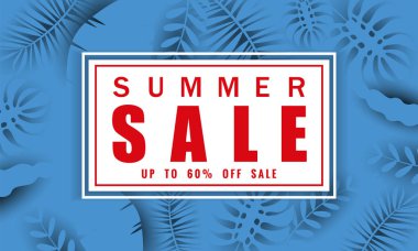 Yaz satışı kağıt kesim tarzı, afiş tropikal yaprakları çiçekler arka plan, renk egzotik çiçek tasarım banner, afiş, davetiye, poster ile mevsimlik satış için şablon. Vektör Illustration