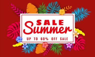 Yaz satışı afiş tropikal yaprakları çiçekler arka plan, renk egzotik çiçek tasarım banner, afiş, davetiye, poster ile mevsimlik satış için şablon. Kağıt kesme stili, vektör illüstrasyon