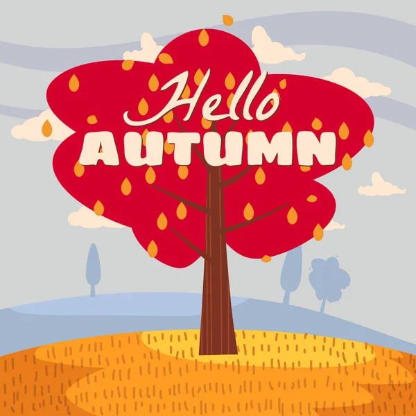Olá Outono paisagem árvore solitária em estilo tendência plano desenho animado horizonte panorama. Ilustração vector isolado cartaz do cartão postal da bandeira —  Vetores de Stock