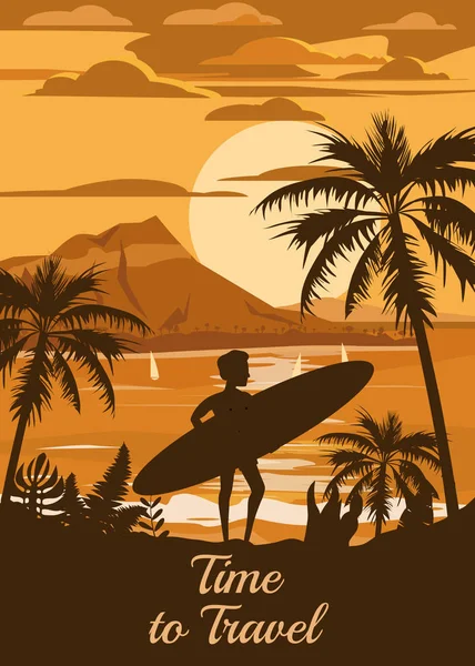 Time to Travel Happy Man with Surfboard on Summer Vacation Beach Enjoying Beach Vacation on Sand Sea Ocean. Palms and Mountains Seashore Floral. Vector Illustration vintage poster baner isolated — Stock Vector