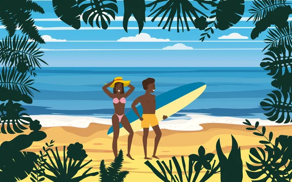 Pareja feliz en verano playa de vacaciones. Esposa y esposo con tabla de surf disfrutando de vacaciones en la playa caminando en la arena Mar Océano Divertirse en la playa en la orilla del mar Floral. Vector Ilustración cartel baner — Archivo Imágenes Vectoriales