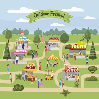 Mevsimlik açık hava festivali panayırı, gıda tezgahları, büfeler, tenteler, çadırlar, dondurma, kahve, sosisli, çiçekler, fırın, yürüyen insanlar, kadın ve erkekler mal alıp satıyorlar.