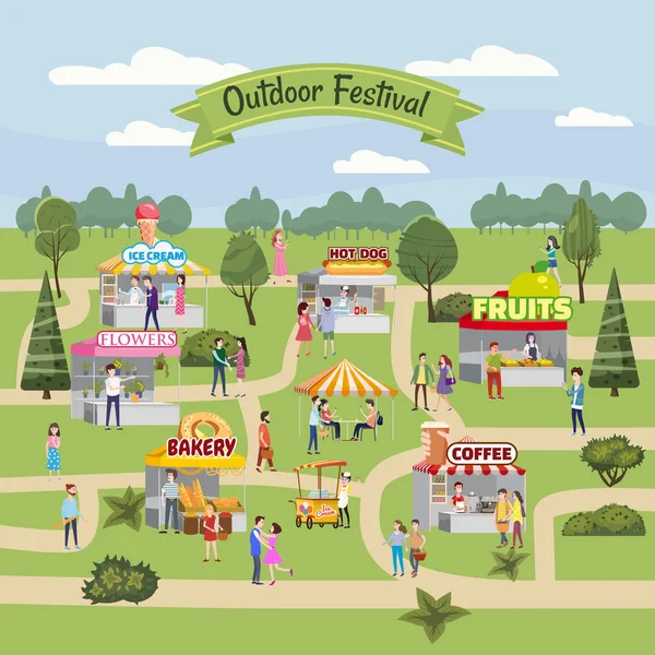 Seizoensgebonden Outdoor festival beurs, markt met kraampjes, kiosken luifel, luifels, tenten, ijs, koffie, hotdog, bloemen, bakker, wandelende mensen, mannen en vrouwen kopen en verkopen van goederen praten met — Stockvector