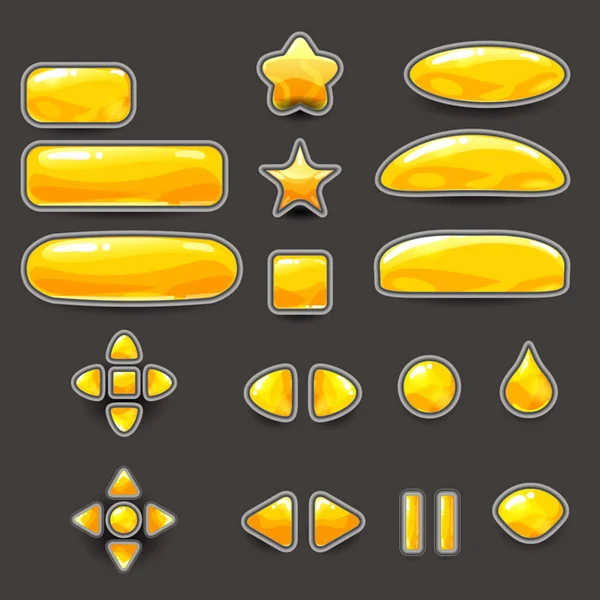 Nagy készlet sárga arany színű gombokat a játékok és app különböző alakú. Alkalmi játék UI Kit. 2D-játék ikonra. Izolált vektor — Stock Vector