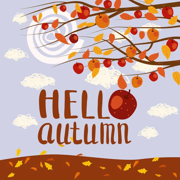 Hello Autumn apple tree branches foliage landscape harvest season lettering in trend style flat cartoon. Иллюстрационный векторный плакат — стоковый вектор