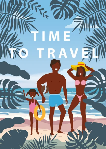 Time to Travel boldog család a Summer Vacation Beach. Apa anya és lánya élvezi Beach Vacation séta a Sand Sea Ocean. A szülők és a gyermekek szórakozás a strandon a Seashore Floral. Vektor — Stock Vector