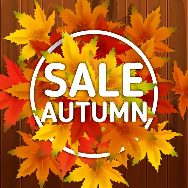 Satılık Sonbahar Arka Plan Şablonu, ahşap tahtalar, alışveriş indirimi promosyon, Kartpostal ve Davet kartı için mevsimlik poster yaprakları düşen demet ile. Vektör çizimi