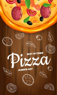 Pizza Pizzeria İtalyan şablonu ahşap arka plan fast food üst görünümünde malzemeler ve metin ile dikey el ilanı baner. Gıda menüsü veya sokak gıda posterleri tasarım, baskılar, web için vektör illüstrasyon