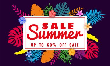 Yaz satışı afiş tropikal yaprakları çiçekler arka plan, renk egzotik çiçek tasarım banner, afiş, davetiye, poster ile mevsimlik satış için şablon. Kağıt kesme stili, vektör illüstrasyon