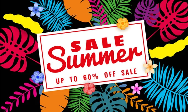 Summer sale banner template for seasonal sales with tropical leaves flowers background, color exotic floral design banner, flyer, invitation, poster. Paper cut style, vector illustration — Stock Vector