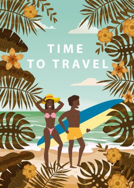 Yaz Tatili Beach Mutlu Çift Seyahat Zamanı. Surfboard ile Karısı ve Kocası Seashore Floral Sahilde Kum Denizi Okyanusu Having Fun yürüyüş Beach Vacation zevk. Vektör İllüstrasyonu