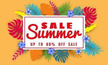 Yaz satışı kağıt kesim tarzı, afiş tropikal yaprakları çiçekler arka plan, renk egzotik çiçek tasarım banner, afiş, davetiye, poster ile mevsimlik satış için şablon. Vektör Illustration