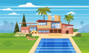 Egzotik bir ülkede ikamet modern Villa, lahdscape tropikal palmiye ağaçları pahalı Konağı. Lüks yazlık ev dış mavi yüzme havuzu şezlong plaj şemsiye. Karikatür vektör
