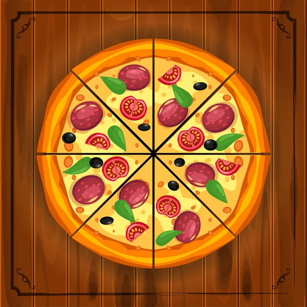 Pizza slice trianglar med olika ingredienser tomat, ost, oliv, korv, basilika. Traditionell italiensk snabbmat. Topp Visa måltid på trä ombord. Europeiskt traditionellt mellanmål. Isolerad vit — Stock vektor