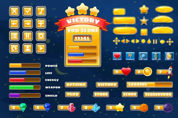 Velká tlačítka ikon prvky pro vesmírnou hru kreslené příležitostné hry a App. 2D video hra ikona sady UI pro mobilní hry a pozadí. Grafické uživatelské rozhraní, GUI, menu. Vektor izolovaný — Stockový vektor