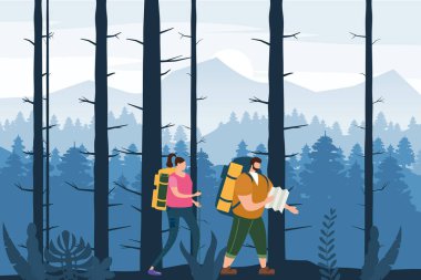 Turistler sevimli çift harita ve sırt çantaları açık turistik aktivite gerçekleştirme. Orman ağaçları dağ manzarası. Macera seyahat, yürüyüş yürüyüş gezi turizm vahşi doğa trekking. Çift turist