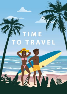 Yaz Tatili Beach Mutlu Çift Seyahat Zamanı. Surfboard ile Karısı ve Kocası Seashore Floral Sahilde Kum Denizi Okyanusu Having Fun yürüyüş Beach Vacation zevk. Vektör İllüstrasyonu
