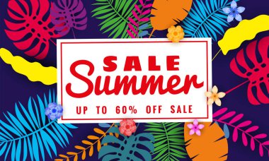 Yaz satışı afiş tropikal yaprakları çiçekler arka plan, renk egzotik çiçek tasarım banner, afiş, davetiye, poster ile mevsimlik satış için şablon. Kağıt kesme stili, vektör illüstrasyon